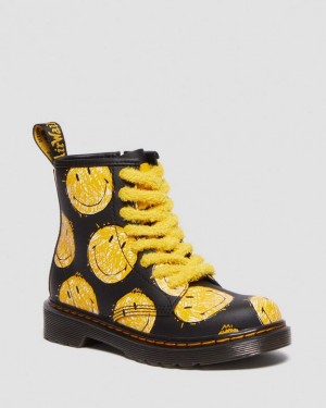 Dr Martens Junior 1460 Smiley® Hydro Læder Blonder Up Støvler Børn Sort | Danmark_Dr78096