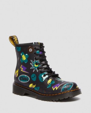 Dr Martens Junior 1460 Sticker Print Læder Blonder Up Støvler Børn Sort | Danmark_Dr83147