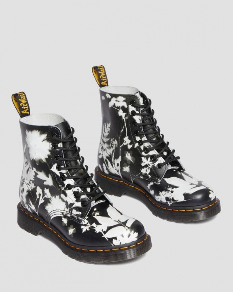 Dr Martens 1460 Pascal Floral Shadow Læder Blonder Up Støvler Dame Sort Hvide | Danmark_Dr81126