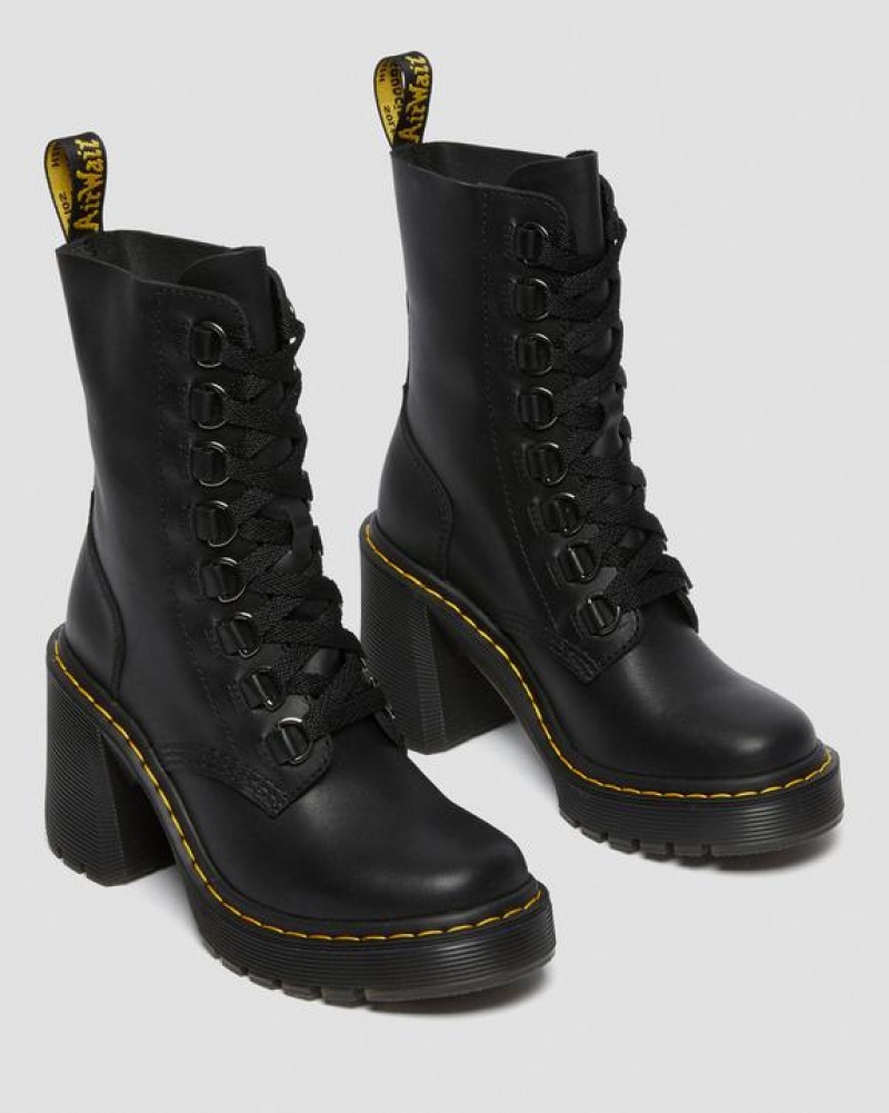 Dr Martens Chesney Læder Flared Heel Blonder Up Støvler Dame Sort | Danmark_Dr63304