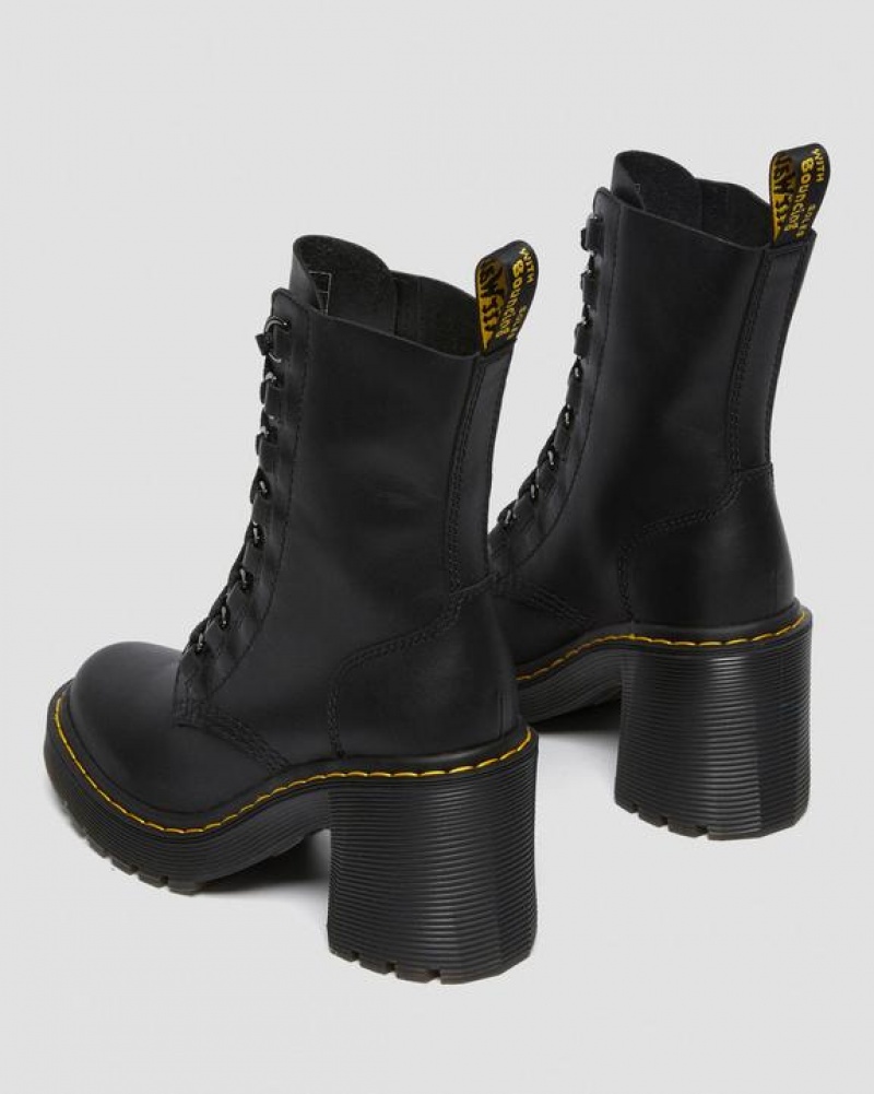 Dr Martens Chesney Læder Flared Heel Blonder Up Støvler Dame Sort | Danmark_Dr63304