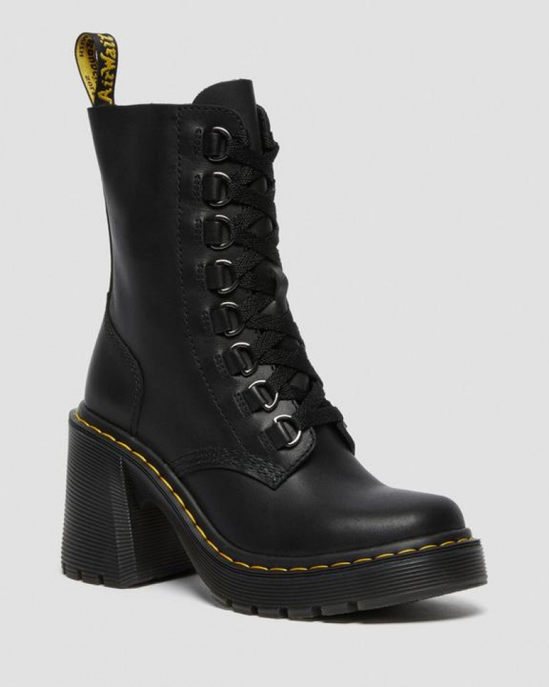 Dr Martens Chesney Læder Flared Heel Blonder Up Støvler Dame Sort | Danmark_Dr63304