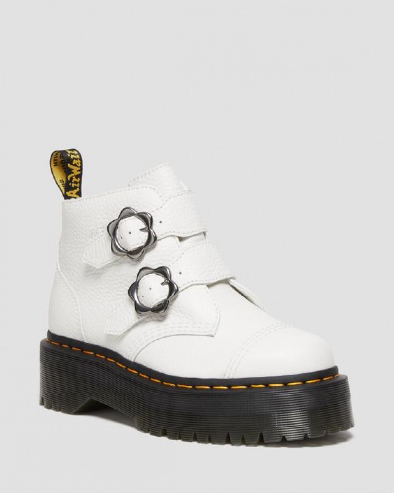 Dr Martens Devon Flower Přezkou Læder Platform Støvler Dame Hvide | Danmark_Dr24038