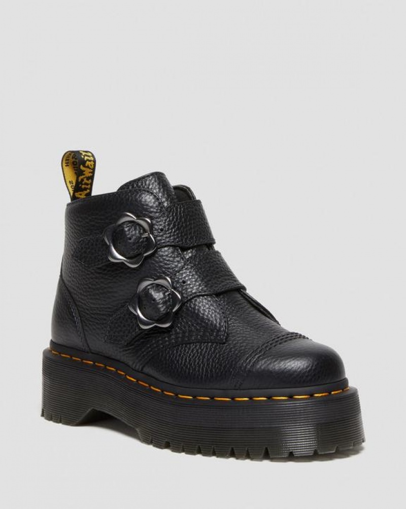 Dr Martens Devon Flower Přezkou Læder Platform Sko Dame Sort | Danmark_Dr92161