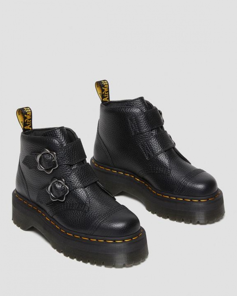 Dr Martens Devon Flower Přezkou Læder Platform Støvler Dame Sort | Danmark_Dr86176