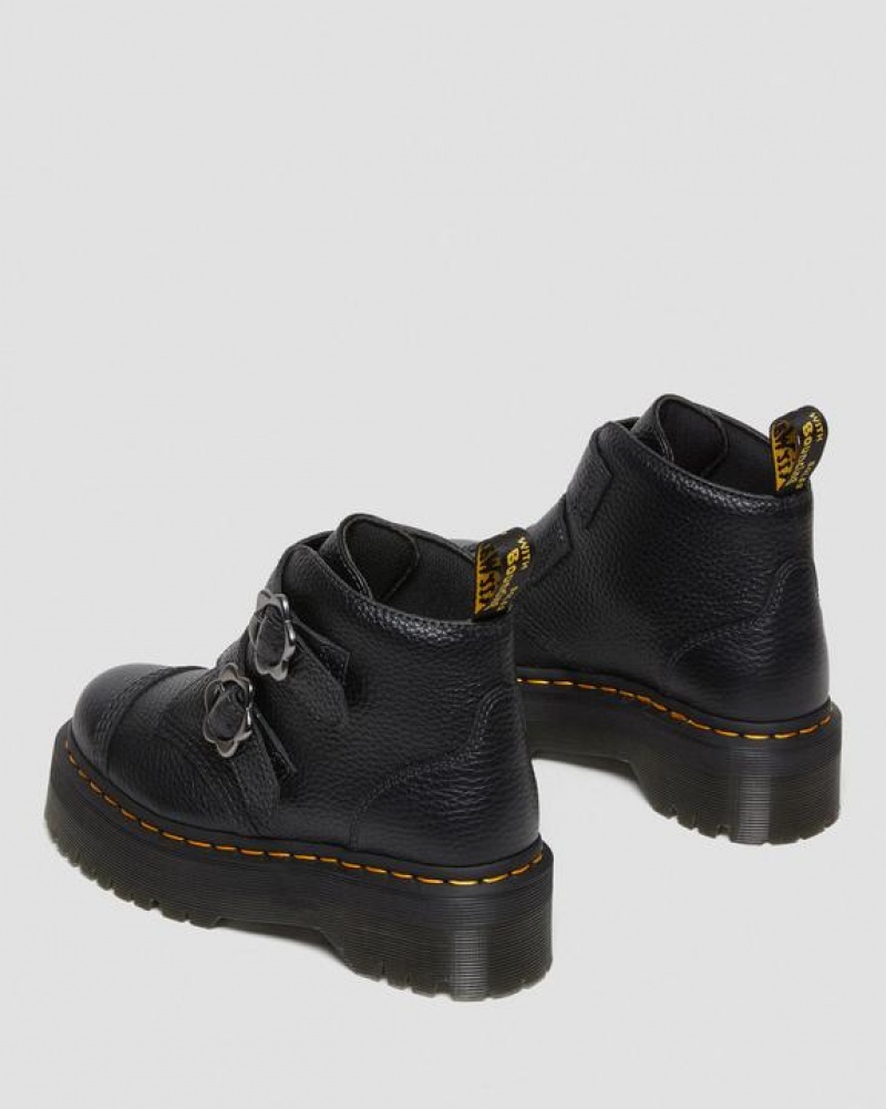 Dr Martens Devon Flower Přezkou Læder Platform Støvler Dame Sort | Danmark_Dr86176