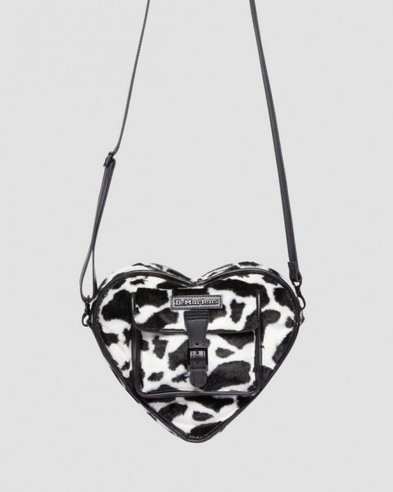 Dr Martens Heart Shaped Faux Fur Cow Print Backpack Tasker Accessories Sort Hvide | Danmark_Dr62455