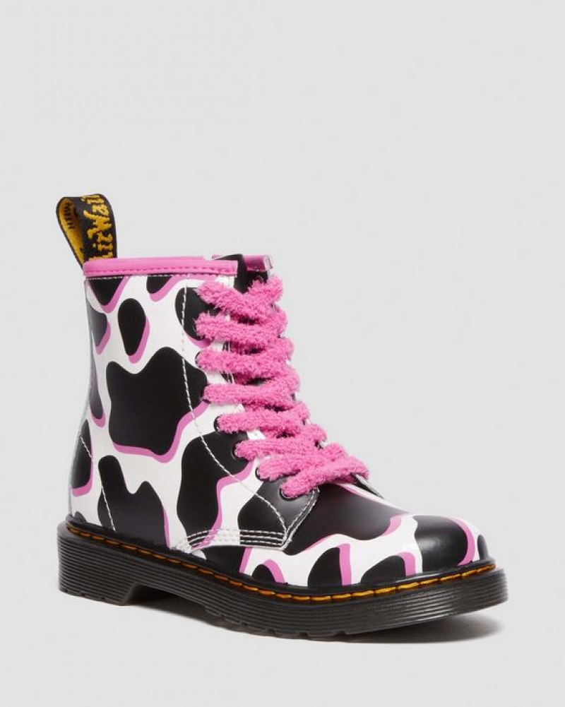 Dr Martens Junior 1460 Cow Print Lak Læder Blonder Up Støvler Børn Hvide | Danmark_Dr10596