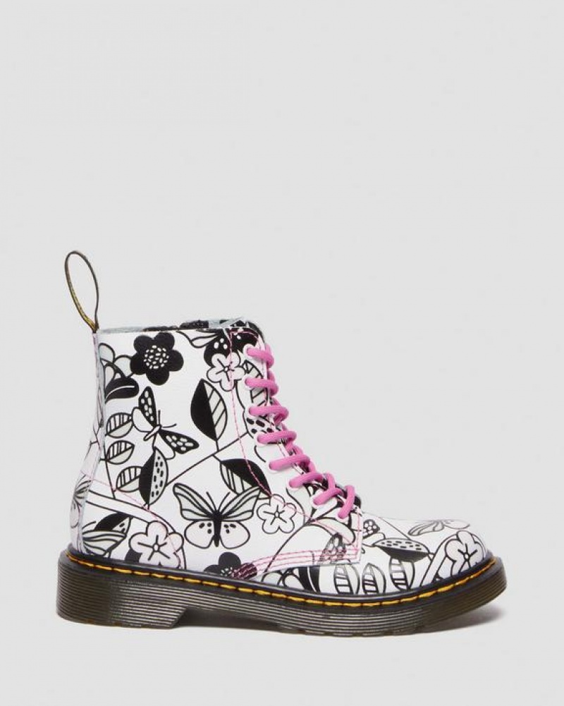 Dr Martens Junior 1460 Meadow Print Læder Blonder Up Støvler Børn Hvide | Danmark_Dr74484