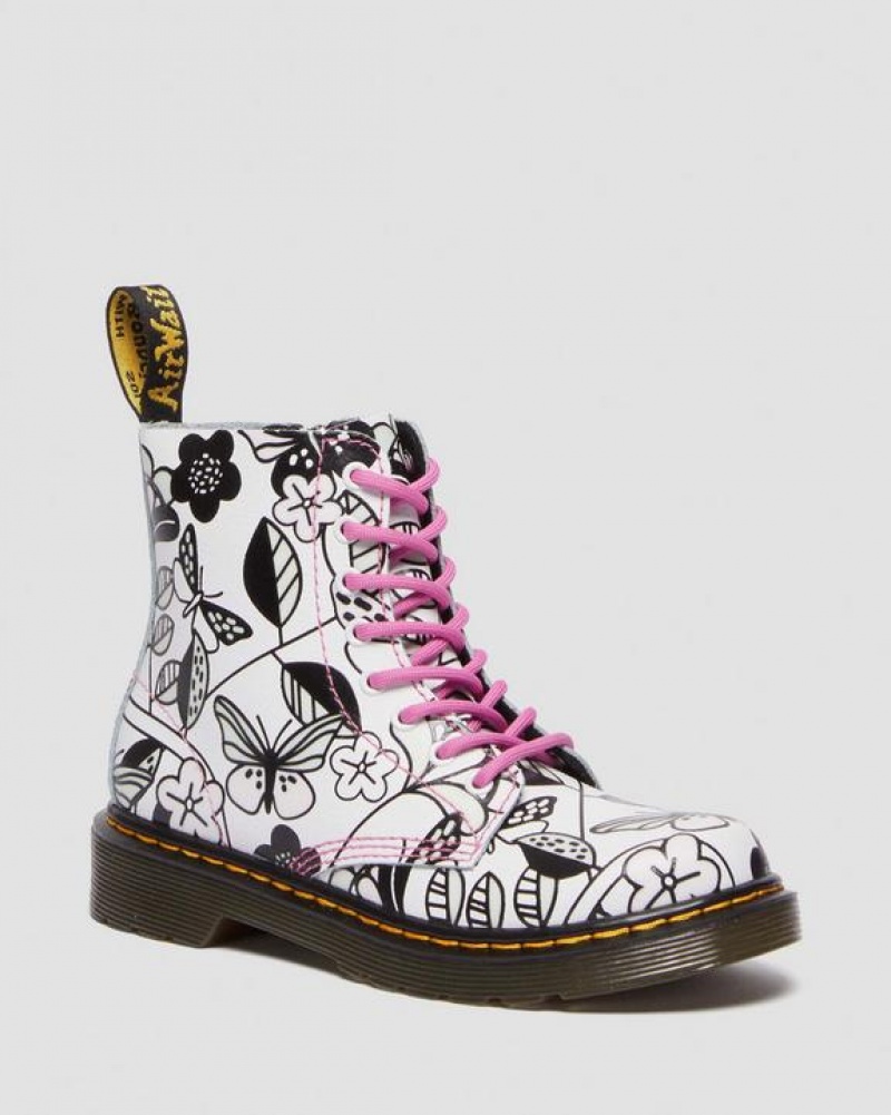 Dr Martens Junior 1460 Meadow Print Læder Blonder Up Støvler Børn Hvide | Danmark_Dr74484