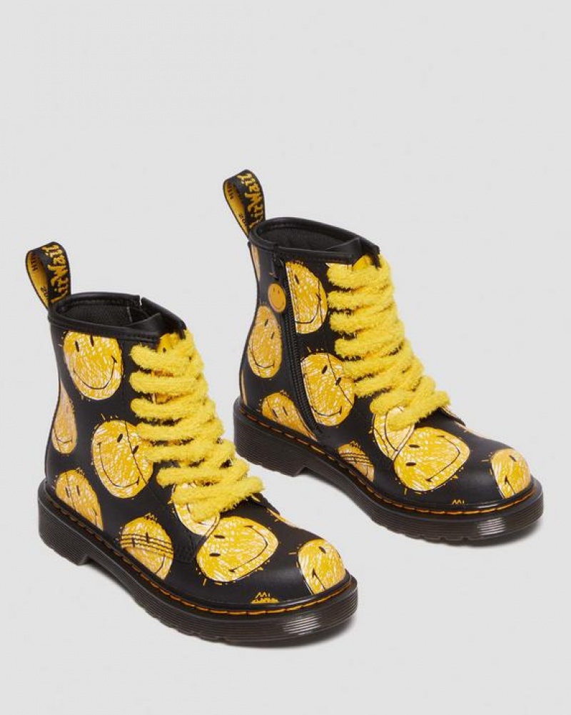 Dr Martens Junior 1460 Smiley® Hydro Læder Blonder Up Støvler Børn Sort | Danmark_Dr78096