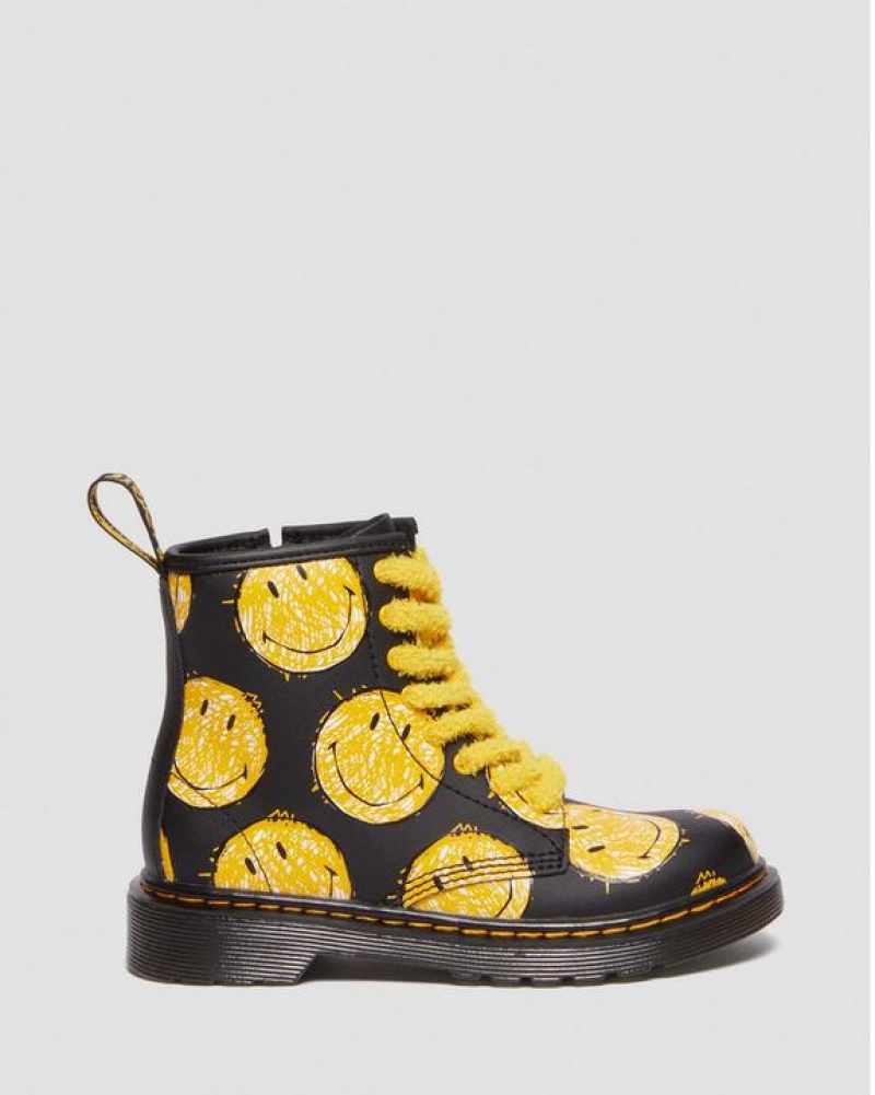 Dr Martens Junior 1460 Smiley® Hydro Læder Blonder Up Støvler Børn Sort | Danmark_Dr78096