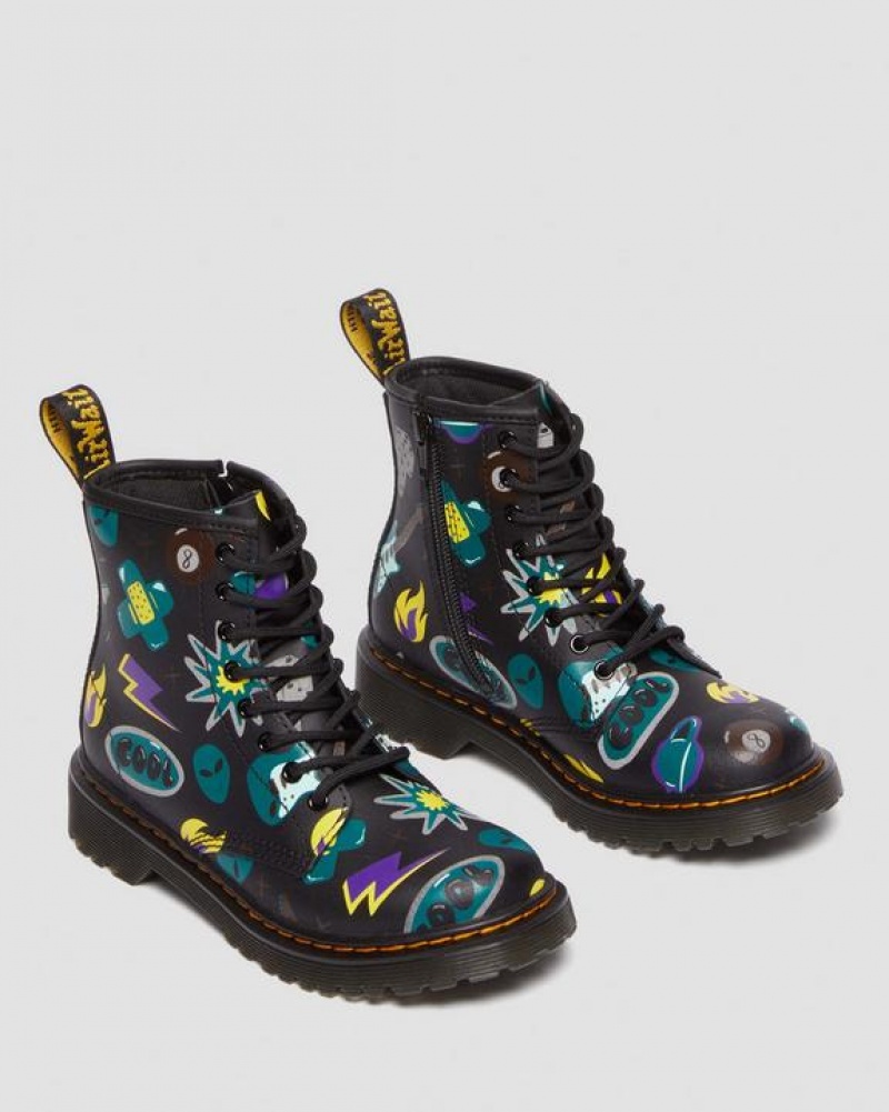 Dr Martens Junior 1460 Sticker Print Læder Blonder Up Støvler Børn Sort | Danmark_Dr83147