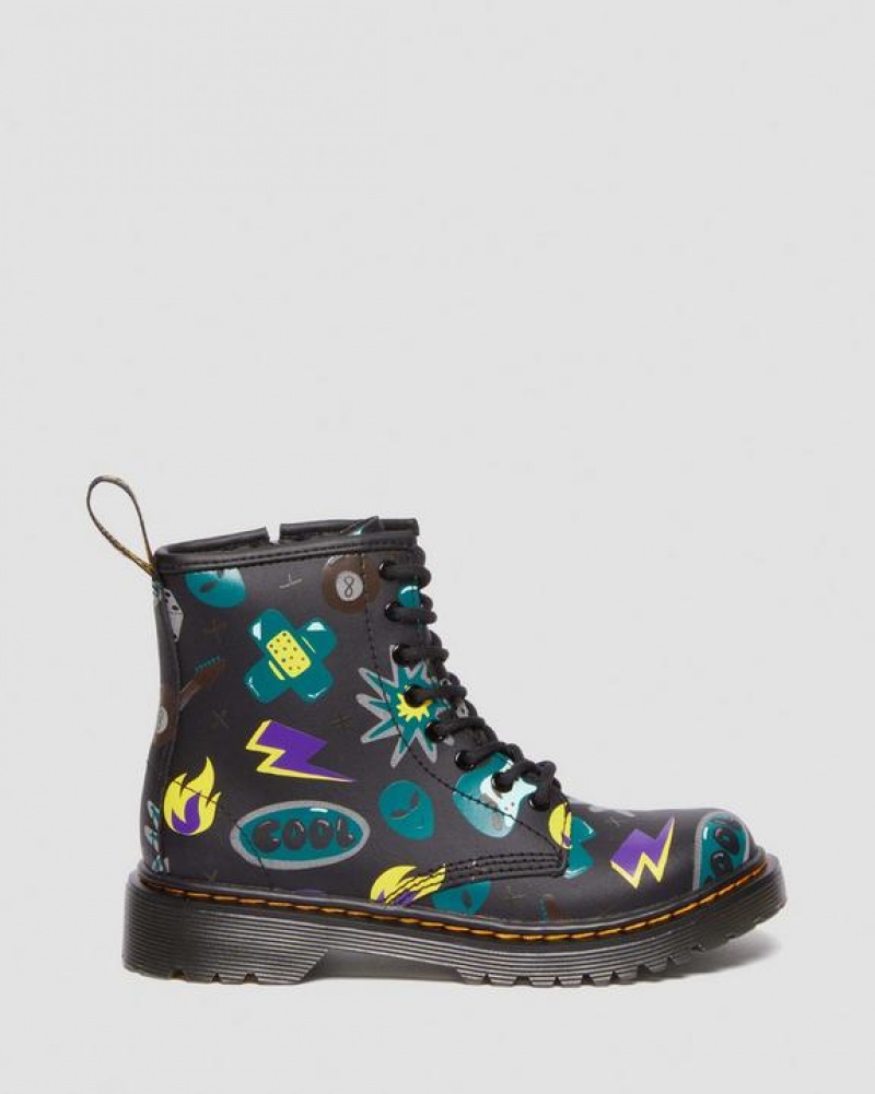 Dr Martens Junior 1460 Sticker Print Læder Blonder Up Støvler Børn Sort | Danmark_Dr83147