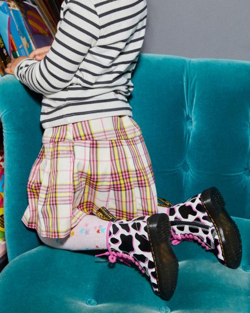 Dr Martens Toddler 1460 Cow Print Lak Læder Blonder Up Støvler Børn Hvide | Danmark_Dr79277