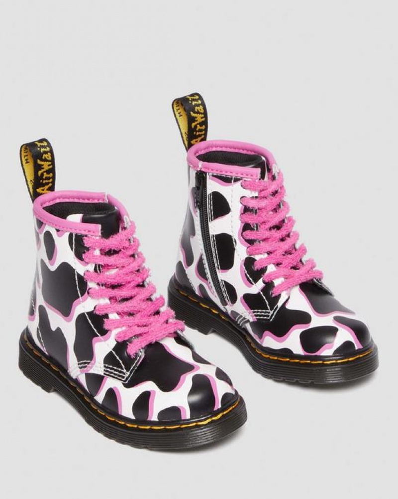 Dr Martens Toddler 1460 Cow Print Lak Læder Blonder Up Støvler Børn Hvide | Danmark_Dr79277