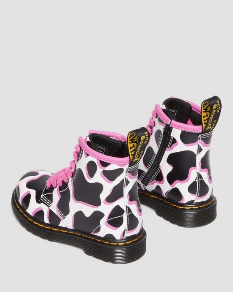 Dr Martens Toddler 1460 Cow Print Lak Læder Blonder Up Støvler Børn Hvide | Danmark_Dr79277