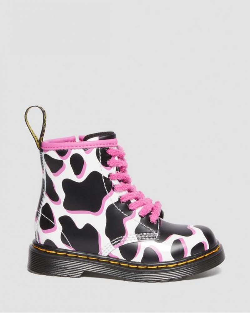 Dr Martens Toddler 1460 Cow Print Lak Læder Blonder Up Støvler Børn Hvide | Danmark_Dr79277