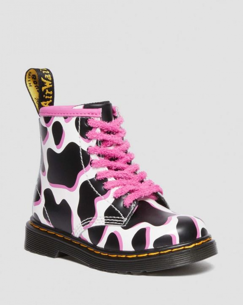 Dr Martens Toddler 1460 Cow Print Lak Læder Blonder Up Støvler Børn Hvide | Danmark_Dr79277