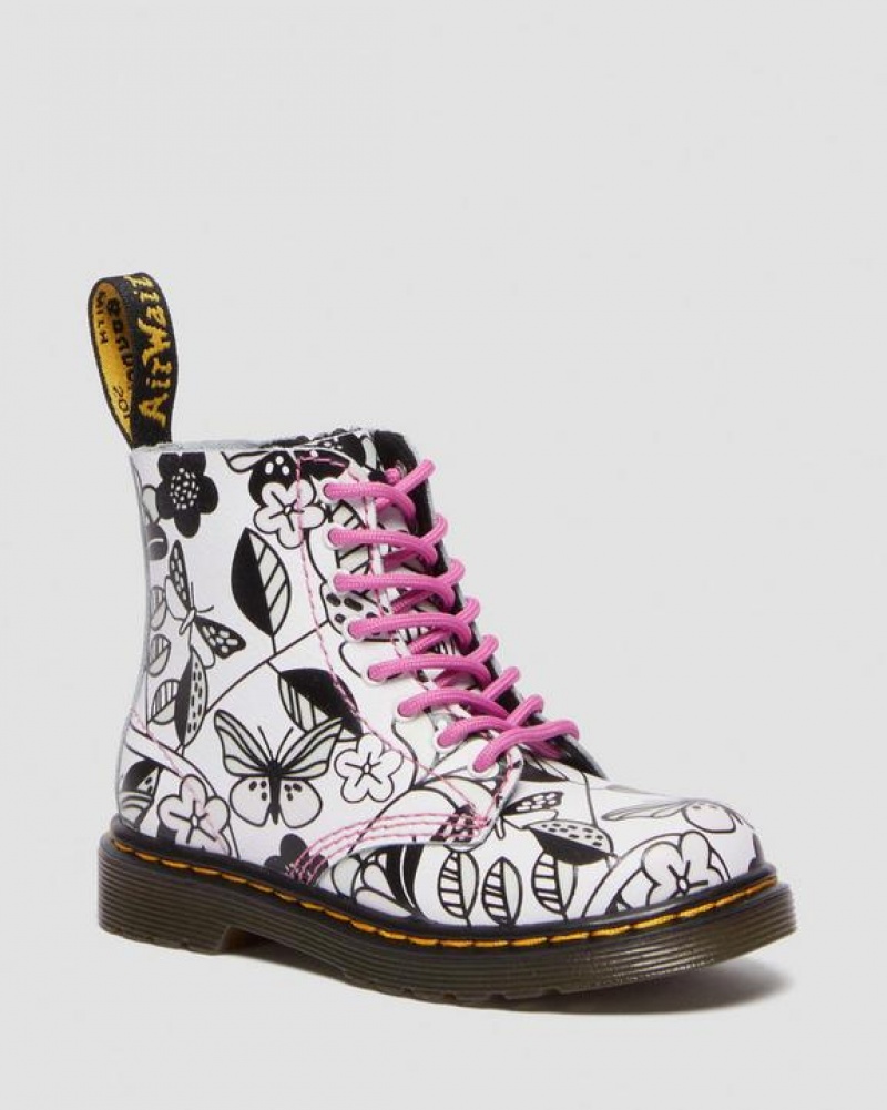 Dr Martens Toddler 1460 Meadow Print Læder Blonder Up Støvler Børn Hvide | Danmark_Dr41335