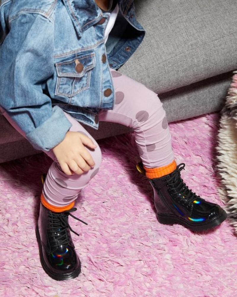 Dr Martens Toddler 1460 Rainbow Lak Læder Blonder Up Støvler Børn Sort | Danmark_Dr71091