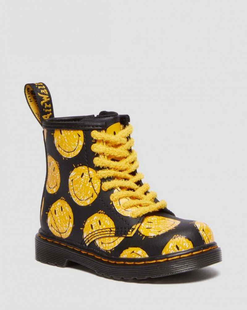 Dr Martens Toddler 1460 Smiley® Hydro Læder Blonder Up Støvler Børn Sort | Danmark_Dr19354