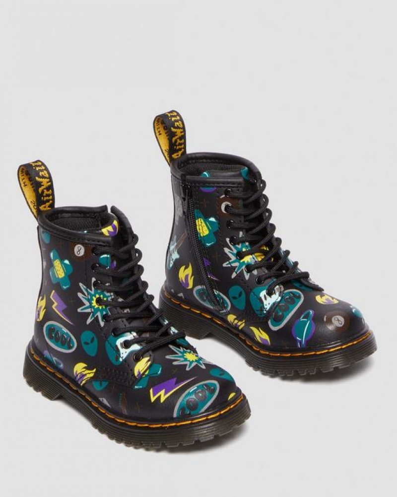 Dr Martens Toddler 1460 Sticker Print Læder Blonder Up Støvler Børn Sort | Danmark_Dr77544